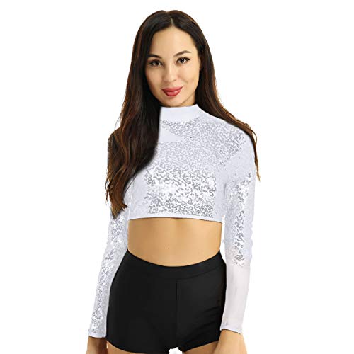 IEFIEL Femme Femme Brillante Chemise T-Shirt Manches Longues Boléro à Paillettes Maille Splice Crop Top Haut de Danse Bal Col Moulant Dancewear S-XL Argenté XL