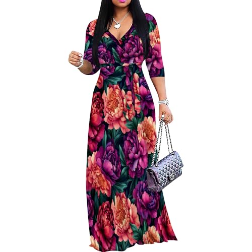 Image of SUZONANA Plus Size Dresses for Women Floral Print Maxi Dress Flowy 3 /4 Sleeve with Belt