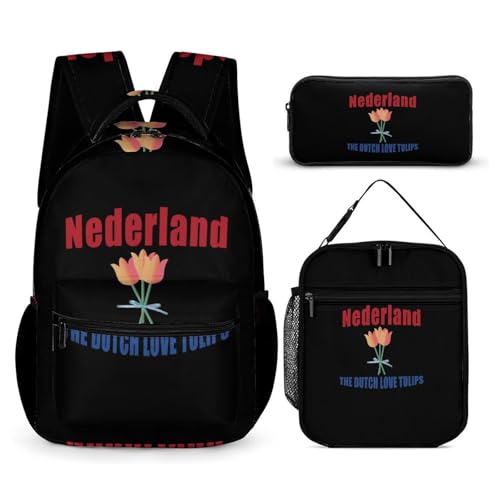 Netherlands The Dutch Love Tulips Backpack Shoulder Bags Lunch Bag Pencil Case Box 3 Set Daypack Cute