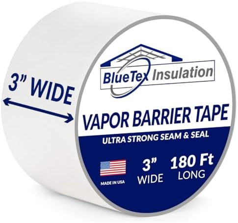 BlueTex Insulationă…¤ 3" Wide x 180' Long White Vapor Barrier Seam Tape - 1 Roll, Waterproofing & Great for Crawlspaces, Insulation Repairs, Underlayment Seams, Metal Building Insulation Seams