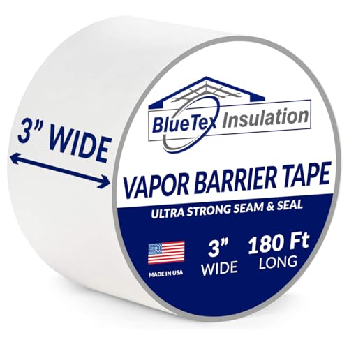 BlueTex Insulationㅤ 3" Wide x 180' Long White Vapor Barrier Seam Tape - 1 Roll, Waterproofing & Great for Crawlspaces, Insulation Repairs, Underlayment Seams, Metal Building Insulation Seams