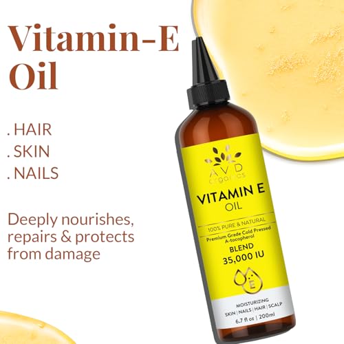 Image of AVD ORGANICS Pure Vitamin E Oil for Skin, Scars, Hair & Face - 30,000 IU |100% Pure and Natural A Tocopherol | For Face, Hair & Nail moisturiser | Cold Pressed Hexane Free | 6.7 fl oz (200ML)