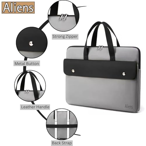 Image of Aliens 14.1 inch Premium Vegan Leather Laptop Sleeve /Case Cover Bag, Padded Laptop Compartment Office Handbag for MacBook air /pro, Dell, Lenovo, Acer, Asus, Notebook, Tablet, ipad-Grey