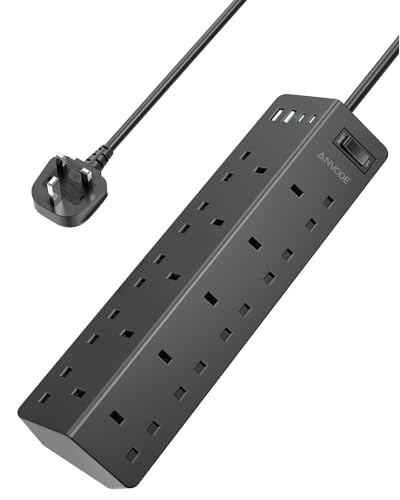 10 Way Extension Lead with USB Slots(2 USB C) ANVODE 14-IN-1 Plug Extension Socket with Switch Multi Plug Power Strip for Home Office Dorm 2M Extension Cable Black