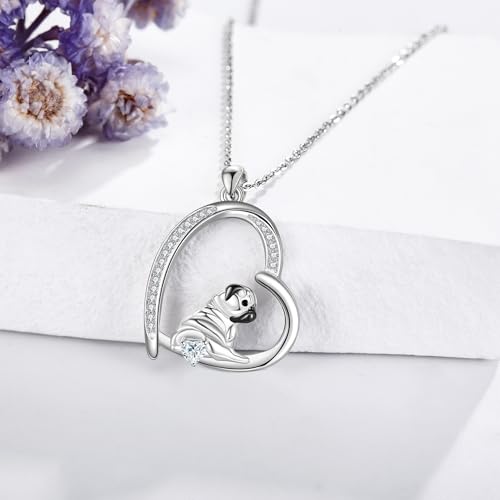 JERWLI Mops Halskette Sterling Silber S925 Schwarzer Mops Anhänger Halskette Schmuck für Frauen Mädchen Mops Geschenke für Mopsliebhaber