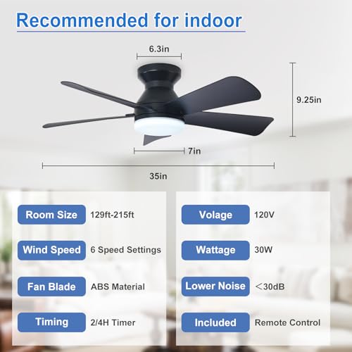 Image of Depuley 35-Inch Ceiling Fans with Lights: Indoor /Outdoor Flush Mount Ceiling Fan with Remote Control - Black 5 Blade Low Profile Fandelier for Kitchen Gazebo - Reversible Quiet Timer - 2 Packs