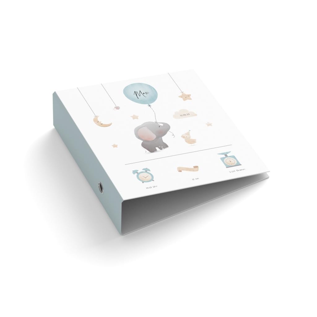 easyprint Ringordner | Personalisierter Ordner für Kinder | Kleiner Elefant | Mit Griffloch | Für DIN A4 | 7,4 cm breit | Füllhöhe 55 mm | Geburt | Baby | Luftballon