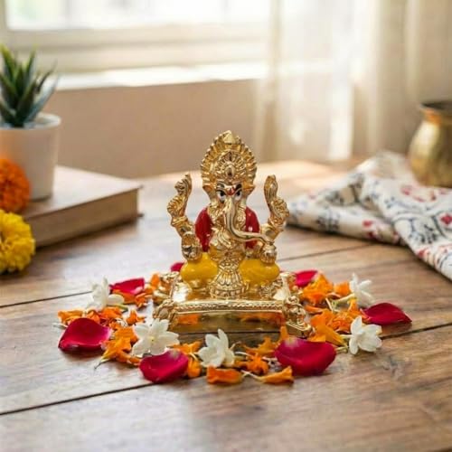 Image of Gold Plated Ganesh Idol | Ganpati Murti for Car Dashboard, Office Desk, Hindu God Gift & Home Decor - Resin (Gold 2 in)