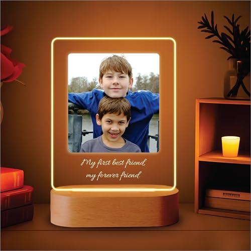 Image of Giftplease Personalized Photo Night Light, Custom Acrylic LED Lamp with Wooden Base, Engraved Picture Light Frame with Text, Heartfelt Brotherhood Friend Gift for Birthday, Rakhi, Christmas