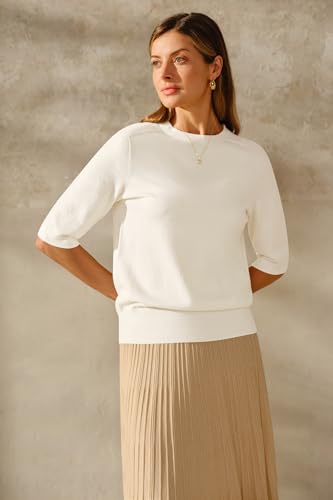 Image of Arach&Cloz Women's Short Sleeve Crew Neck Sweaters Trendy Teacher Work Tops | Lightweight&Breathable Fabric, Texture Knit Design, Relaxed Fit, Business Casual Outfits, Teacher Work Tops Fall 2026