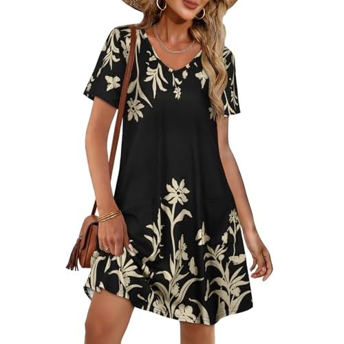 CHICGAL Summer Dresses for Women V Neck Short Sleeve Casual Loose T Shirt Sundress Beach Cover Ups with Pockets Small Black Floral
