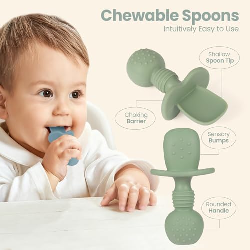 Image of Eascrozn 2 Pack Baby Plates with Suction, 2 Pack Silicone Forks and Spoons Set, Baby Led Weaning Supplies, BPA Free, Toddler Utensils for Feeding Essentials