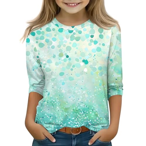 Girls 3/4 Length Sleeve Shirts Round Neck Boho Floral Print Loose Casual Blouses Floral Print Tshirts