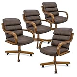 Chromcraft Douglas Set of 4 Swivel-Tilt Dining Chairs with Casters, Upholstered Kitchen Chairs with Wooden Arms & Metal Pedestal Base, Premium Foam Comfort, Mocha-Chestnut