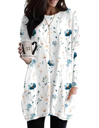 Poetsky Business Casual Outfits for Women Boho Floral Long Sleeve Shirts Hide Belly O Neck Work Tunic Tops White Print L