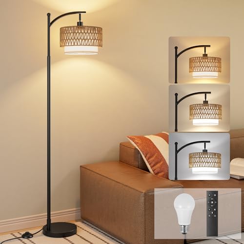 Ambimall Arc Floor Lamp with Remote & Rattan Double Shades Black Rustic