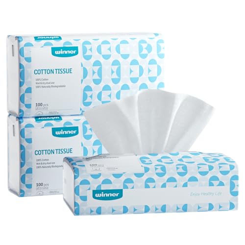Winner Toallitas Desechables para la Cara, Biodegradables y sin Perfume, 100% Algodón, sin Productos Químicos ni Plásticos, para Desmaquillar, Limpiar la Piel, 20 x 20 cm, 300 Unidades, 3 Paquete