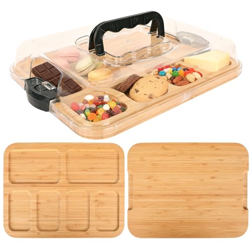 Charcuterie Board with Lid and Handle Portable Wooden Cheese Board with 6 Compartments Perfect for Charcuterie Snacks Fruits Gift for Housewarming Weddings Picnics