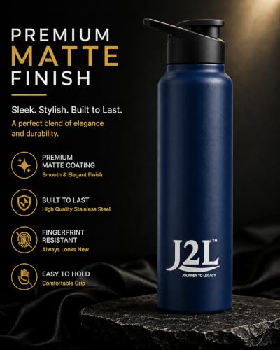 Image of J2L Stainless Steel Water Bottle 1 Litre | 1000 ML Steel Water Bottle | Leakproof Water Bottle for Adults, Office, School & Gym | Durable Reusable Water Bottle | Steel Water Bottle Navy Blue