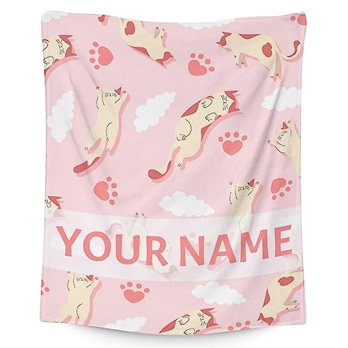 Personalized Cat Blanket Gifts with Name - 30"x40" Cute Throw for Kids & Adults - Pink Soft Fuzzy Blankets for Couch & Office