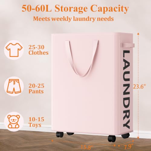 Image of Optish 50L Slim Rolling Laundry Basket with Wheels & Removable Bag, Pink
