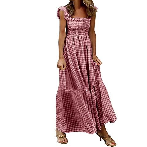 Sommerkleid Damen Lang Elegant Lässiges, ärmelloses Damen-Sommerkleid mit Rundhalsausschnitt, gesmokt, hoher Taille, fließendem, abgestuftem A-Linien-Midikleid Kleid Damen Elegant Kurz Blau Cover