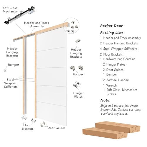 Image of 30 inch x 80 inch Pocket Door with Frame & Track Kit, 5-Panel Textured Sliding Interior Pocket Door, Soft Close Hardware, Lightweight Waterproof PVC Pocket Doors