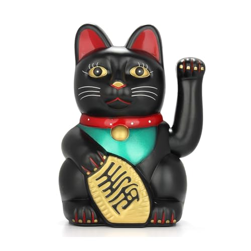 Leopacat Maneki Neko Lucky Cat - Battery Operated Waving Arm Feng Shui Fortune Figurine | Desk Decor | Japanese Beckoning Cat for Wealth Prosperity | Home Office Shop Gift (Black)