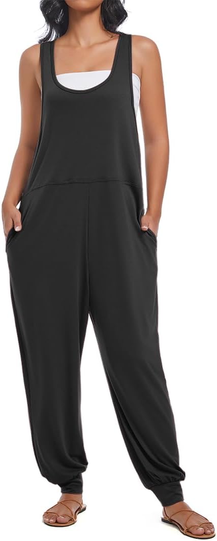 Women's Casual Loose Sleeveless Jumpsuits Harem Long Pants Romper Overalls with Pockets Summer Trendy Outfits