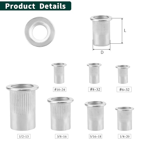 Image of #8-32 Rivet Nut Stainless Steel 304 (18 /8), UNC Flat Head Threaded Insert Rivnuts, Knurled Body, 100 PCS