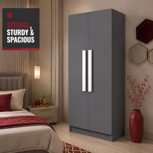 Image of Bniture 2 Door Wooden Wardrobe for Bedroom | Almirah for Clothes with 4 Shelves, Engineered Wood Wardrobe for Clothes | Cupboard for Bedroom (46D x 80W x 182H CM) | 3 Years Warranty (Slate Grey)
