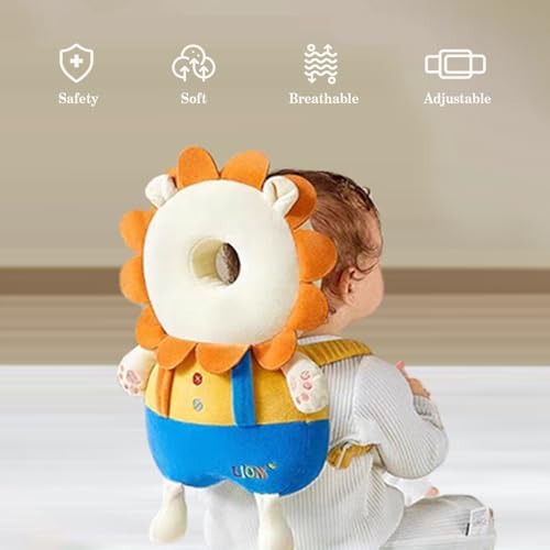 Image of Baby Head Protector Backpack, Toddler Baby Head Protection Backpack with Baby Knee Pads Alarm Function for Walking & Crawling, Soft, Breathable and Wearing Safety Baby Head Protector-Yellow Lion