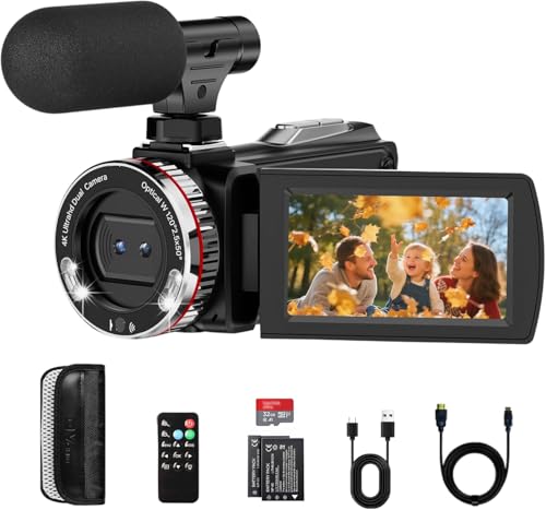 Videocamera 4K 48MP Camcorder con Zoom Digitale 21X, Video Camera con Microfono Esterno, Cavo HDMI, Telecomando, 2 Batterie, Scheda TF da 32 GB, Schermo da 3,0' 270° per Vlogging Camera per YouTube