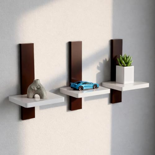 Image of Set of 3 Wall Mounted Floating Shelves | White Wooden Display Shelf with Brown Vertical Back Panel | Modern Minimalist Wall Decor for Living Room, Bedroom & Office | Engineered Wood