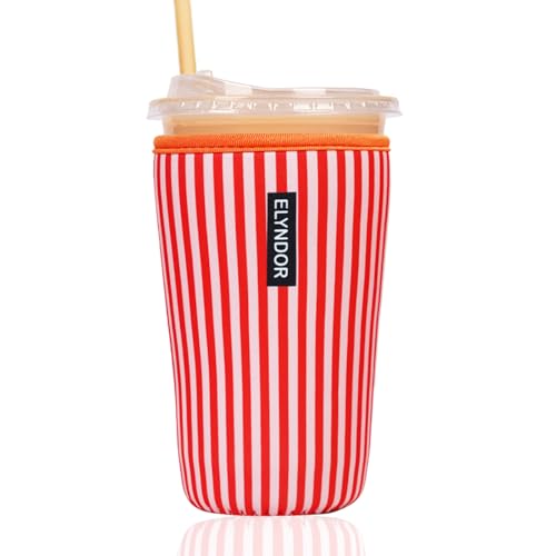 Image of Reusable Insulated Sleeve for Iced Coffee Cup, Coffee Neoprene Sleeve for Cold & Hot Drinks, Beverage Holder for Iced Coffee (Red Stripes, Large: 32oz)