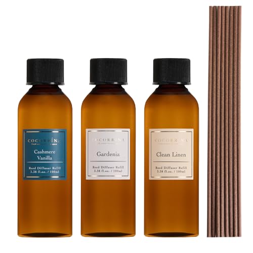 Image of COCORRINA Reed Diffuser Refill Set, 10.2oz Scented Oil Refill 3 Pack, Clean Linen, Cashmere Vanilla, Gardenia, Long Lasting Oil Diffuser Refill with 18 Sticks for Bathroom & Bedroom