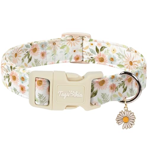 Tag4Oikia Dog Collars for Small Dogs Floral Dog Collar Spring Summer Cute Daisy Print for Small Medium Large Dogs Cotton Puppy Collar with Adjustable Buckle Girl Female Dog Collars for Gifts-S