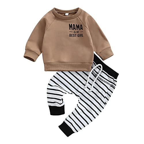 2Pcs Toddler Baby Boy Fall Winter Outfit Letters Print Crewneck Pullover Sweatshirt Tops Striped Pants Casual Clothes Set (Brown, 0-6 Months)