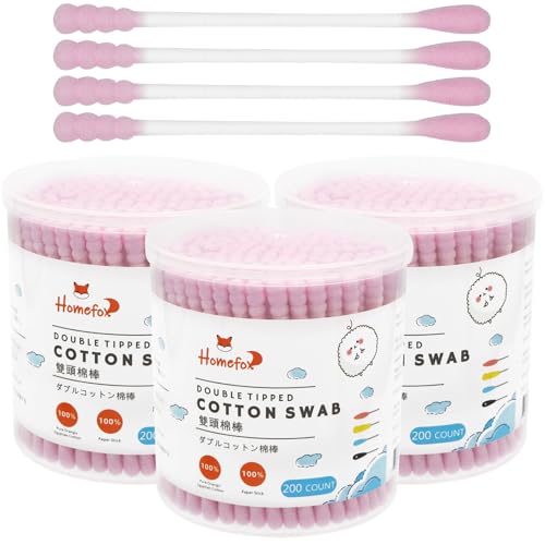 HOMEFOX Pink Cotton Swabs Spiral - 600 Count Organic Cotton Buds Double Side Tightly Wrapped Cotton Tips Paper Stick Soft Gentle Lint-Free Cruelty-Free, Round & Spiral (Pink)