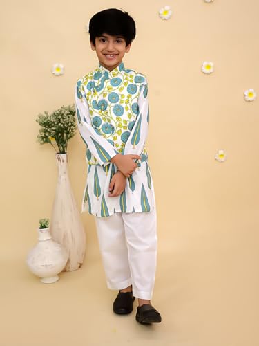 Image of The Mom Store Boys Printed Cotton Kurta Pajama Set With Jacket | Soft And Comfortable Ethnic Wear For Baby /Kids Boys | Full Sleeves Kurta Pyjama Set | Traditional Indian Outfit