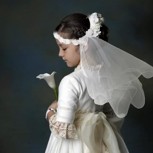Degpum First Communion Veil for Girls, Flower Crown Girls First Communion White Floral Wreath Lace Veil, First Holy Communion Veil for Girls3
