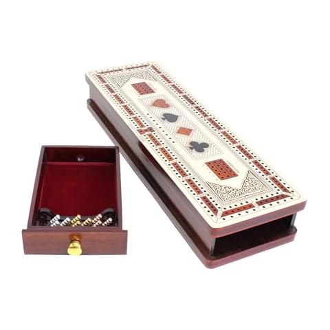 House of Cribbage - 3 Track Continuous Cribbage Board in Maple and Bloodwood - Inlaid Card Symbols (Suits) + Storage Drawer for Cribbage Pegs & Cards Cover