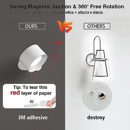 Image of Deyagoo LED Wall Sconce, Wall Mounted Lamp with Rechargeable Battery Operated 3 Color Temperature & 3 Brightness Level 360Rotate Magnetic Ball, Cordless Wall Light for Reading Bedside-White