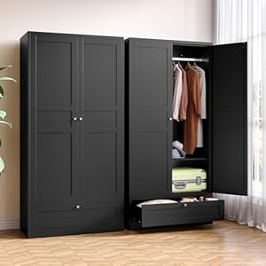 Metal Armoire Wardrobe Closet with 2 Doors 72” Wardrobe Cabinet with Drawers and Hanging Rail Metal Closet with Adjustable Shelves for Bedroom. (Black, with 1drawer)