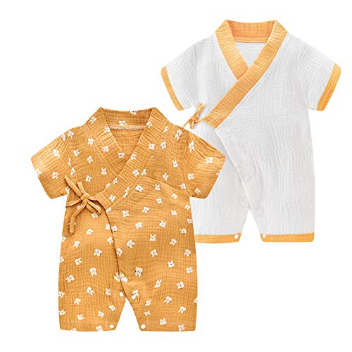 JooNeng Newborn Baby 2-Pack Cotton Kimono Robe Romper One Piece Toddler Unisex Cute Short Sleeves Pajamas Sets,Yellow Cat