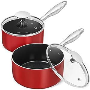 MICHELANGELO Sauce Pan with Lid, 1 Qt & 2 Qt Saucepans with Lids, Ceramic Sauce Pans Nonstick with Stainless Steel Handle, Oven Safe, Red