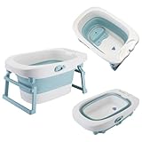 Baignoire Pliable avec Trou de Drainage Portable, Baignoire de Bain Autonome avec Tabouret de Bain pour Enfant, Baignoires sur Pieds en Plastique PP+TPE, Drainage Rapide (Bleu 85 * 55,5 * 43,5 cm)