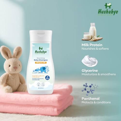 Image of Hushabye Moisturizing Baby Lotion, Head to Toe Wash & Nourishing Shampoo with Milk Protein | pH Balanced for All Skin Types | Newborn Care Gift Set, 200ml Each, Combo Pack of 3