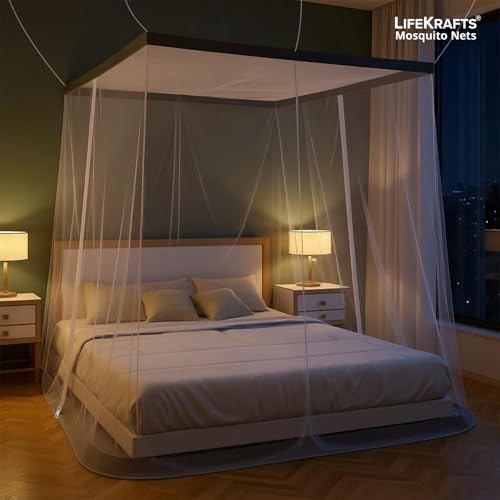 Image of LifeKrafts Bed Mosquito Net - Mega King Size Polyester Machardani (8ft x 8ft,Elegant White with Grey Border) | Double Zipper Entry | Washable & Durable Net for Peaceful Sleep