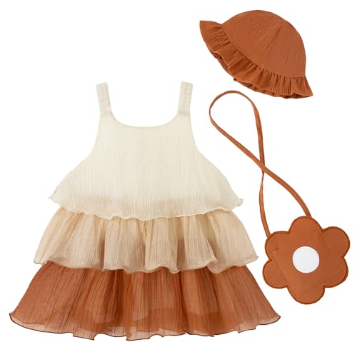Image of Renotemy Infant Baby Girl Summer Dress Chiffon Ruffle Layered Sling Sundress Party Outfits with Hat and Bag for Toddler Girls